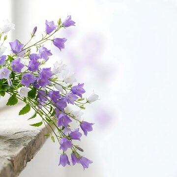 Fresh purple and white bell shaped flowers on rustic ledge