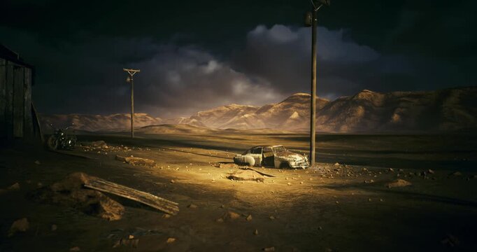 Empty dirt road toward distant mesas. Long perspective with tire tracks, scattered stones and brooding sky composition invites themes of journey, isolation