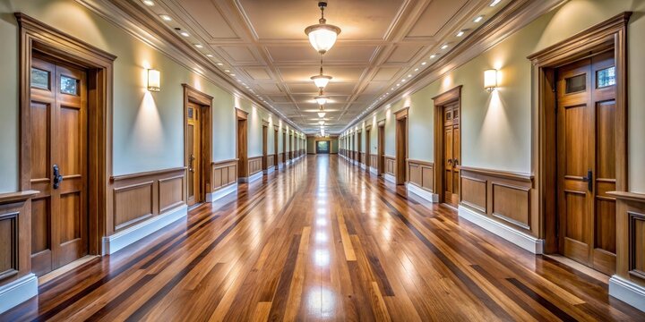 Long corridor with high ceiling and wooden floor, spacious room, wooden floor