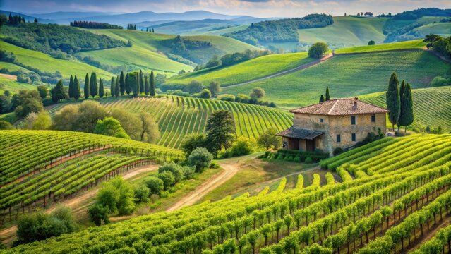 Rolling hills and vines stretching as far as the eye can see in a lush green landscape with a rustic stone farmhouse in the distance , vineyard, tuscany