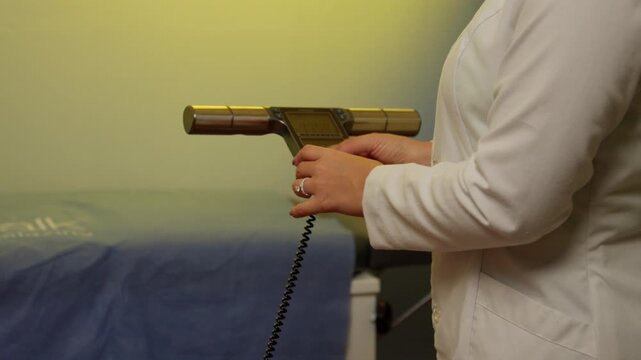 A nutrition specialist in a white lab coat holds the handle of a body mass index scale. Close-up shot focusing on the hands and the medical device during a health assessment.