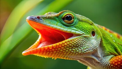 Obraz premium Vibrant green anole lizard with razor-sharp teeth and a vibrant orange dewlap on its throat , reptile, scales, reptile