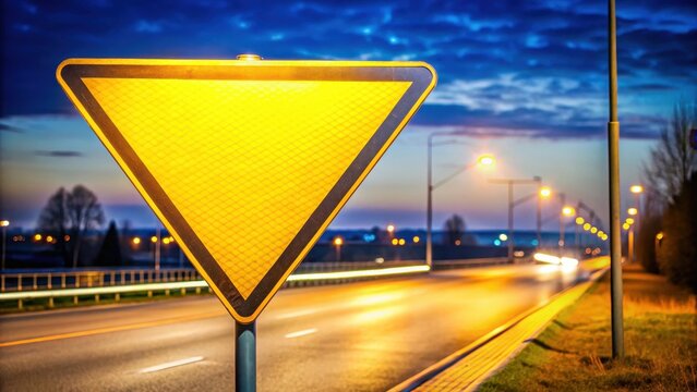 yellow triangle give way traffic sign on summer road intersection at night, urban landscape, cityscape