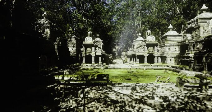 Green algae pond filling temple courtyard, moss and vines overtaking ornate gateways, wet habitat forming within carved stone, wildlife ecologist mapping