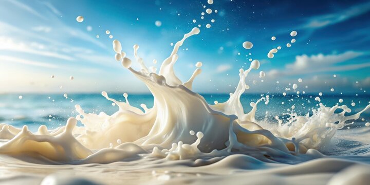 Creamy white milk splashing on the surface of the ocean with gentle waves and soft focus background, foam, milk