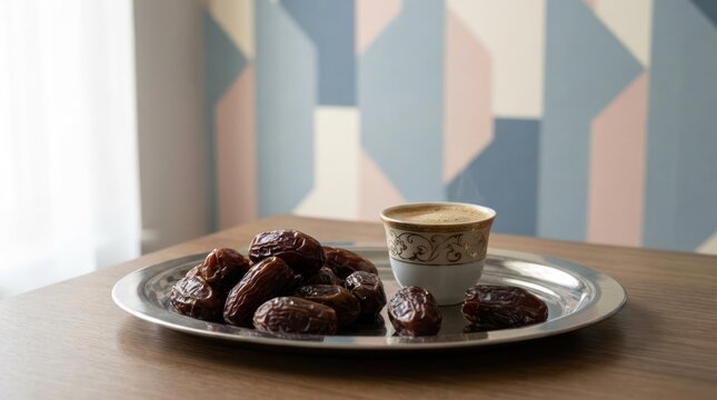Plate of fresh dates and coffee for Iftar.