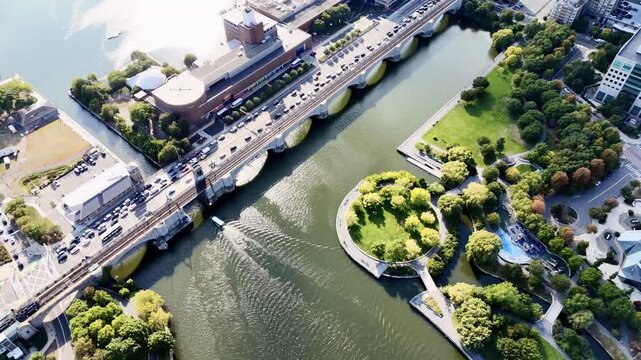 Aerial view of bridge road with cars over Charles river. Boston. Massachusetts, USA