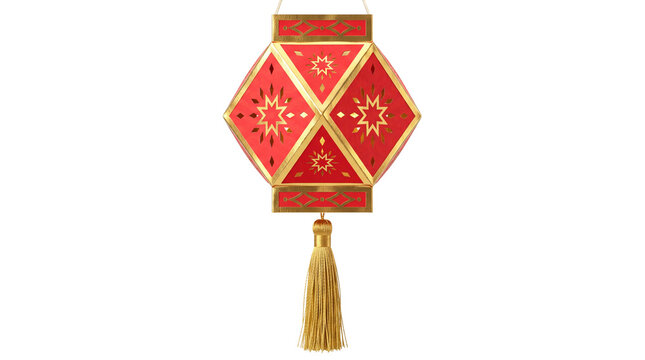 Traditional Indian Akash Kandil Paper Lantern, Red and Gold Diwali Lantern with Tassel, Festive Hanging Light Decoration isolated PNG with Transparent Background