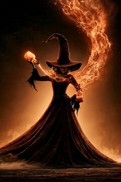 Tall witch in flowing dark gown holding lit pumpkin lantern with glowing magical swirl, night scene!