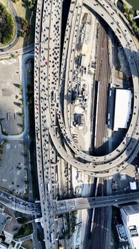 Aerial view of bridge road with cars over Charles river. Boston. Massachusetts, USA