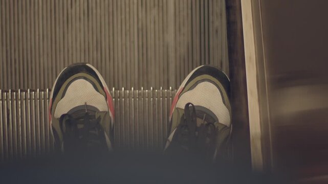 Overhead view of colorful sneakers on metal escalator step in indoor public area, showing textured ridged treads and nearby handrail edge.
