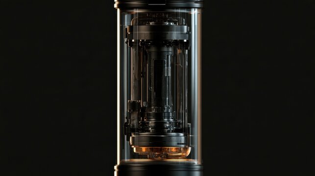 A 3D rendering of a heat pipe microreactor concept. It features a transparent casing and internal components for cooling.