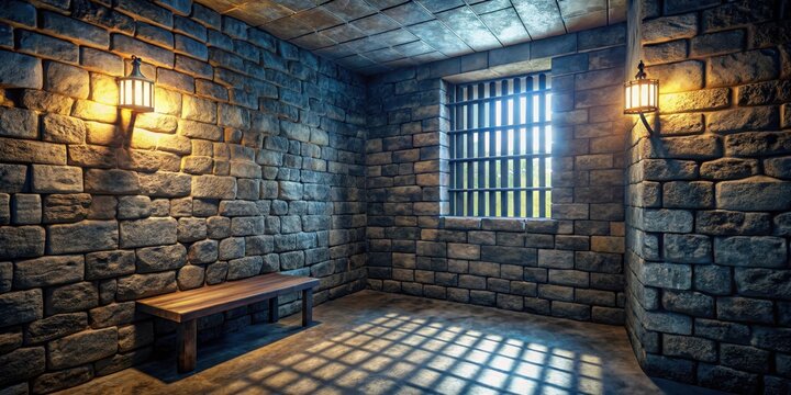 Dungeon cell with stone walls and cold, damp air, illuminated only by a small barred window high above ground level #medieval #dungeon #prison , damp, barredwindow
