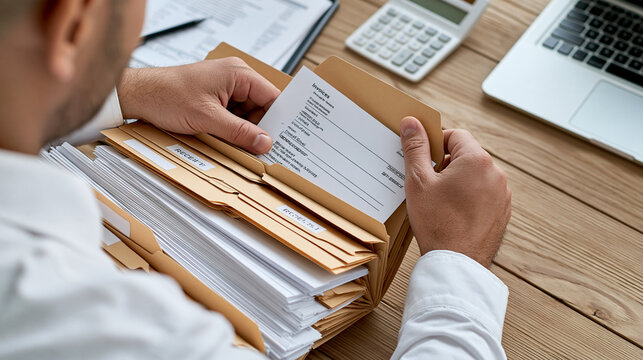 Professional organizing invoices, receipts and accounting records into labeled document folders, document management, bookkeeping, financial administration, audit preparation,