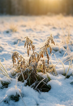 Winter season and climate change, frozen plant in snow with golden hour sunlight, cold weather and nature dormancy in a rural landscape at sunrise