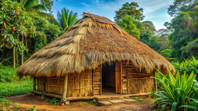 Traditional indigenous hut made of natural materials such as wood and straw with a curved wooden roof and overgrown vegetation , cabin, traditional