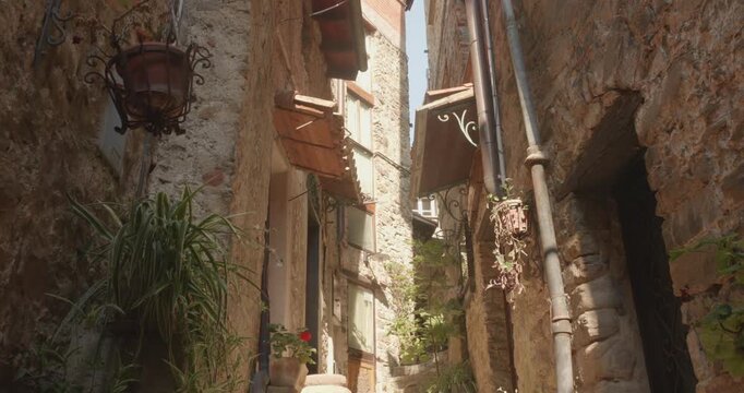 Historic Stone Houses In The Medieval Village Of Apricale In Liguria, Italy. Tilt-down Shot