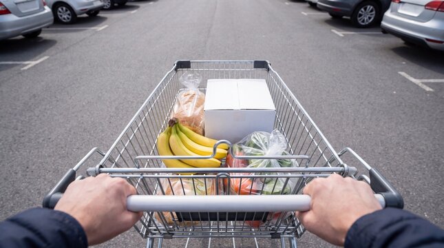 A first-person view of pushing a full shopping cart with groceries down a parking lot aisle.