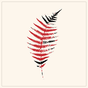 Bold Grunge Bracken Fern Frond in Distressed Red and Black Stencil Silhouette Vector