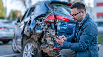 Fototapeta premium Car insurance adjuster inspecting collision damage at an accident scene, professional reviewing vehicle condition and recording details on a tablet, damaged rear bumper and taillight clearly visible