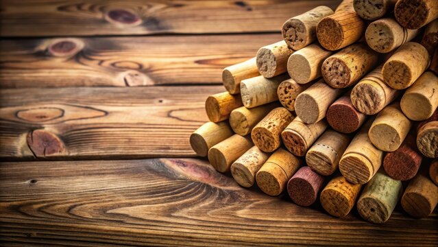 A bunch of wine corks stacked neatly on a wooden table, with some scattered around the edges , wood, table,  wood