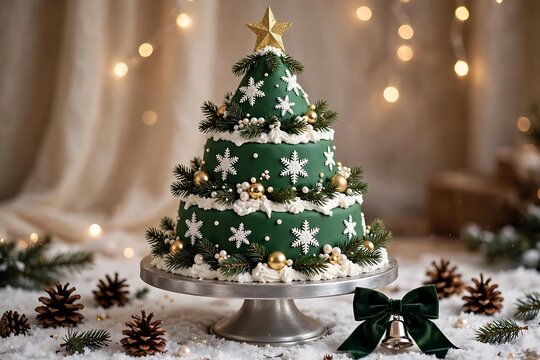Stunning three-tier green Christmas cake decorated with white snowflakes, edible pine branches, gold ornaments, and a golden star topper on a silver cake stand with pine cones and snow