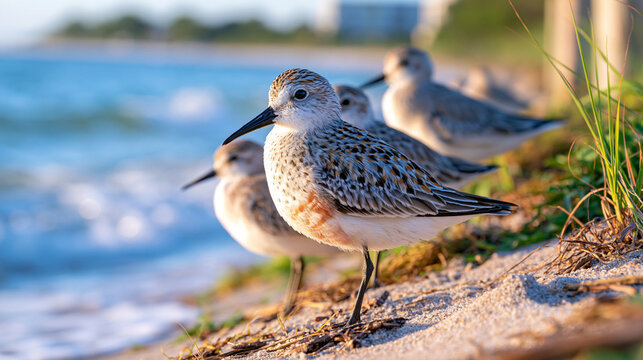 Flock of shorebirds resting on a sandy beach during a migratory stopover, birds gathered near the shoreline with gentle ocean waves in the background, natural coastal habitat, soft morning light, re