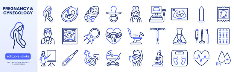 Obraz na płótnie Canvas Gynecology line icon set. Pregnant woman, pregnancy ultrasound test, newborn baby neonatologist, ivf linear minimal vector illustration. Simple outline signs. Blue duotone color. Editable Stroke.