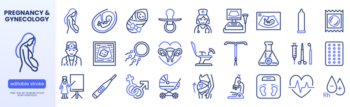 Gynecology line icon set. Pregnant woman, pregnancy ultrasound test, newborn baby neonatologist, ivf linear minimal vector illustration. Simple outline signs. Blue duotone color. Editable Stroke.