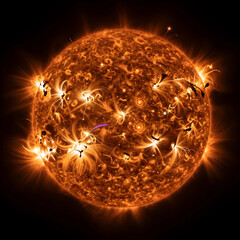 Fototapeta premium Solar energy and space exploration, sun surface with solar flares and plasma activity in deep space for astronomy and renewable power research