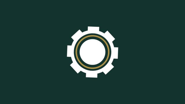 Mechanical white cogwheel with golden ring border on a dark green background