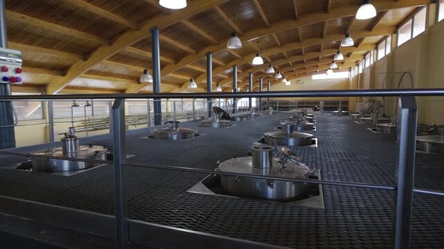 Stainless steel fermentation tanks occupy a large winery processing hall with grated platforms, pipes, valves and timber roof structure, showing industrial wine production infrastructure lateral slide