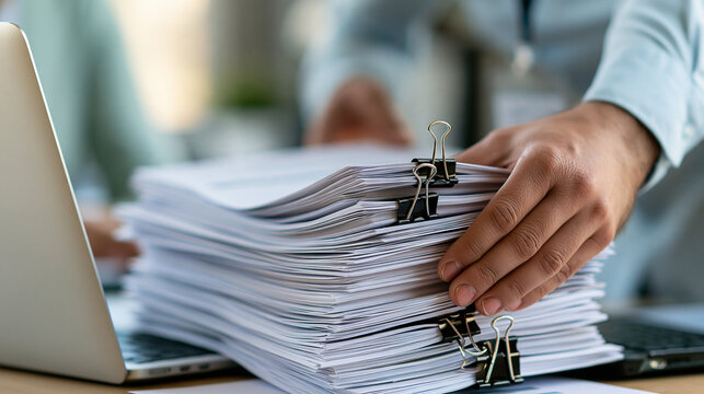 Professional organizing a stack of financial reports secured with binder clips beside laptop, accounting records, document filing, administrative work, audit preparation,