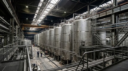Fototapeta premium Two workers walk past giant metal silos during a grain silo harvest operation inside a vast industrial processing facility filled with complex piping and overhead catwalks