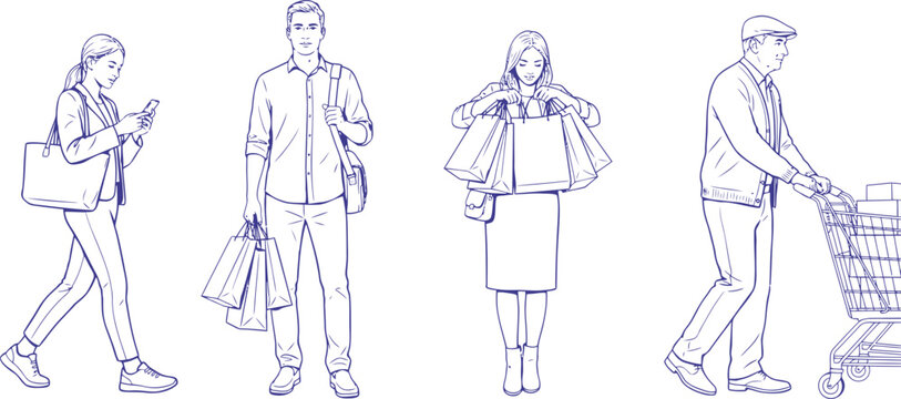 Diverse shoppers with purchases during an outing with white background and clean lines