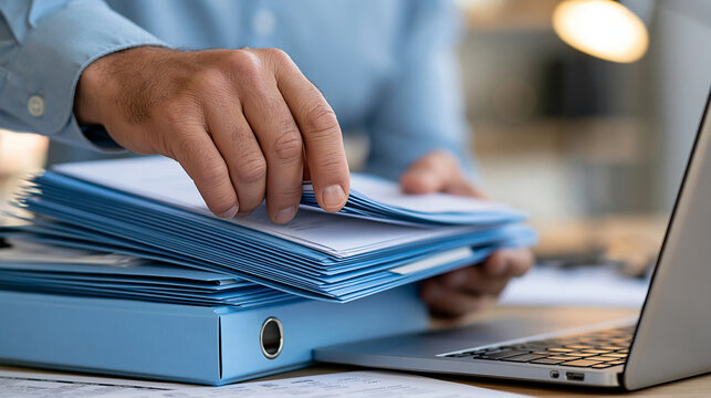 Professional sorting financial paperwork into organized folders beside a laptop, accounting records, document filing, audit preparation, compliance review, document control,