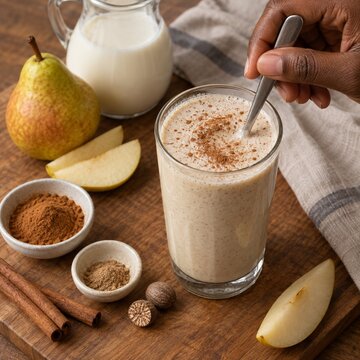 Autumn spiced pear milkshake with cinnamon and nutmeg on a wooden board