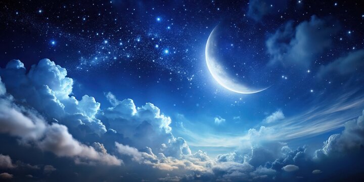 Dark blue night sky with wispy white clouds and twinkling starry lights amidst a crescent moon shape , cloud, celestial,  cloud