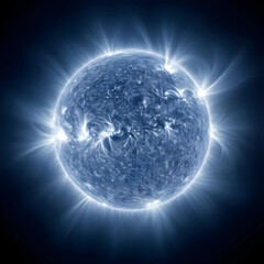 Fototapeta premium Solar activity and space weather, sun surface with magnetic field lines and solar flares in deep space for astronomy and astrophysics research