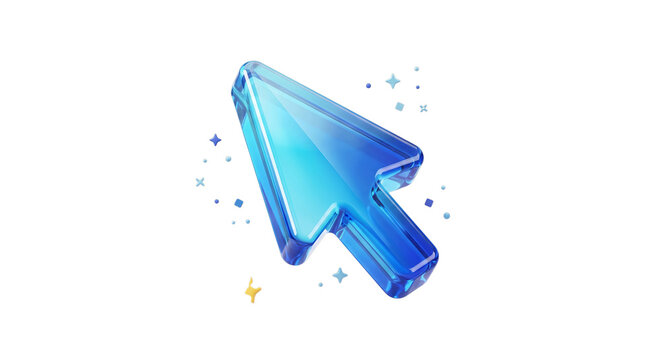 Blue glass mouse cursor arrow with sparkles and geometric shapes on transparent background