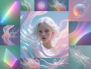 Fototapeta premium Abstract digital art collage featuring young woman with white hair in surreal liquid waves. Neon light beams, iridescent gradients, geometric shapes create futuristic fantasy mood. Vibrant colorful