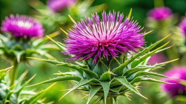 Detailed image of milk thistle plant with thick, fleshy leaves and purple flowers in selective focus, showcasing its unique texture and vibrant coloration , nature, close-up photography