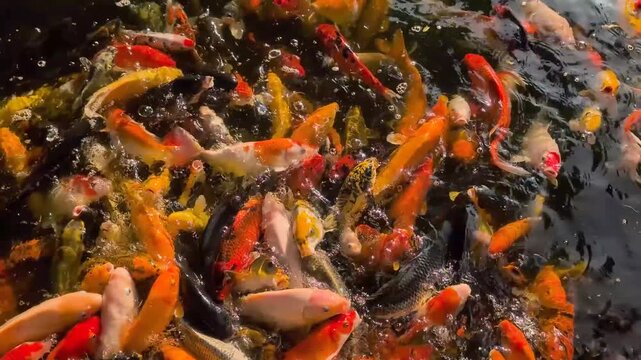 Dense school of colorful orange white and black koi fish crowding the surface of a Bangkok pond with mouths open feeding and rising bubbles, static shot