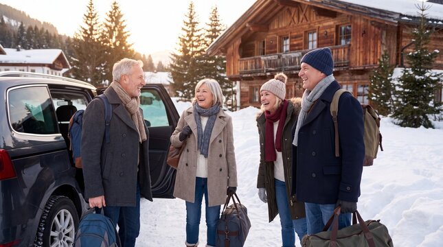 Winter Travel Adventure, A joyful family in winter coats arrives at a snowy holiday retreat, luggage in tow