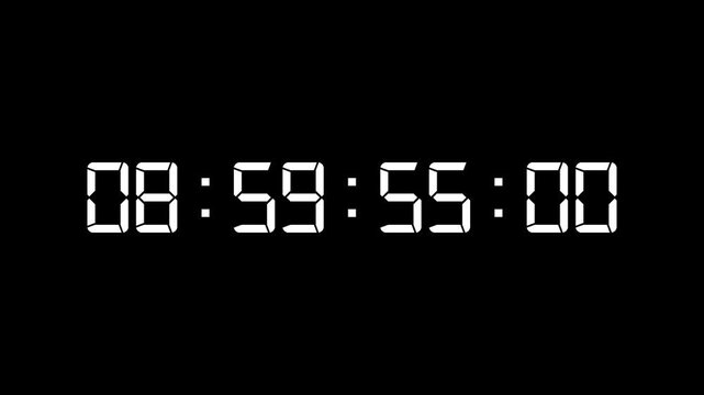 Seven-segment digital clock countdown to 9 PM, 10 seconds, white on black