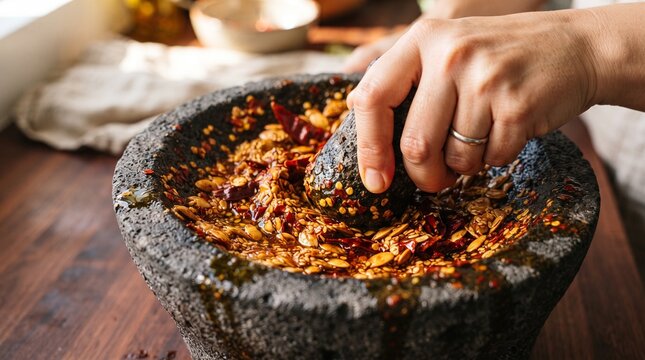 Close Up Grinding Toasted Chilis and Seeds for Salsa Macha