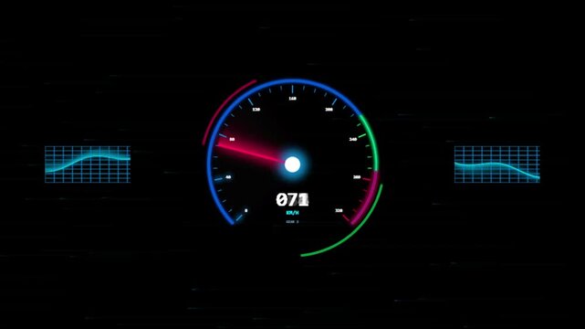 Speedometer gauge with fluctuating data visualization on a dark background