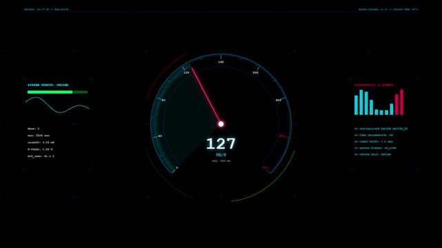 Speedometer dashboard interface with neon glowing gauges and telemetry data display for futuristic vehicle technology