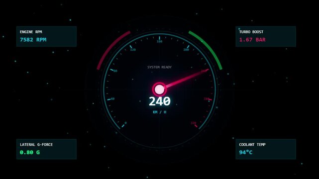Automotive digital dashboard speedometer interface displaying speed and engine performance metrics in a futuristic cockpit