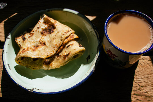 Kenyan Breakfast of Tea and Chapati at a Local Hotel